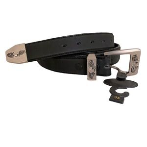 Vtg Bald Eagle Black & Silver Leather Belt Size 46 Removable Buckle Bikercore